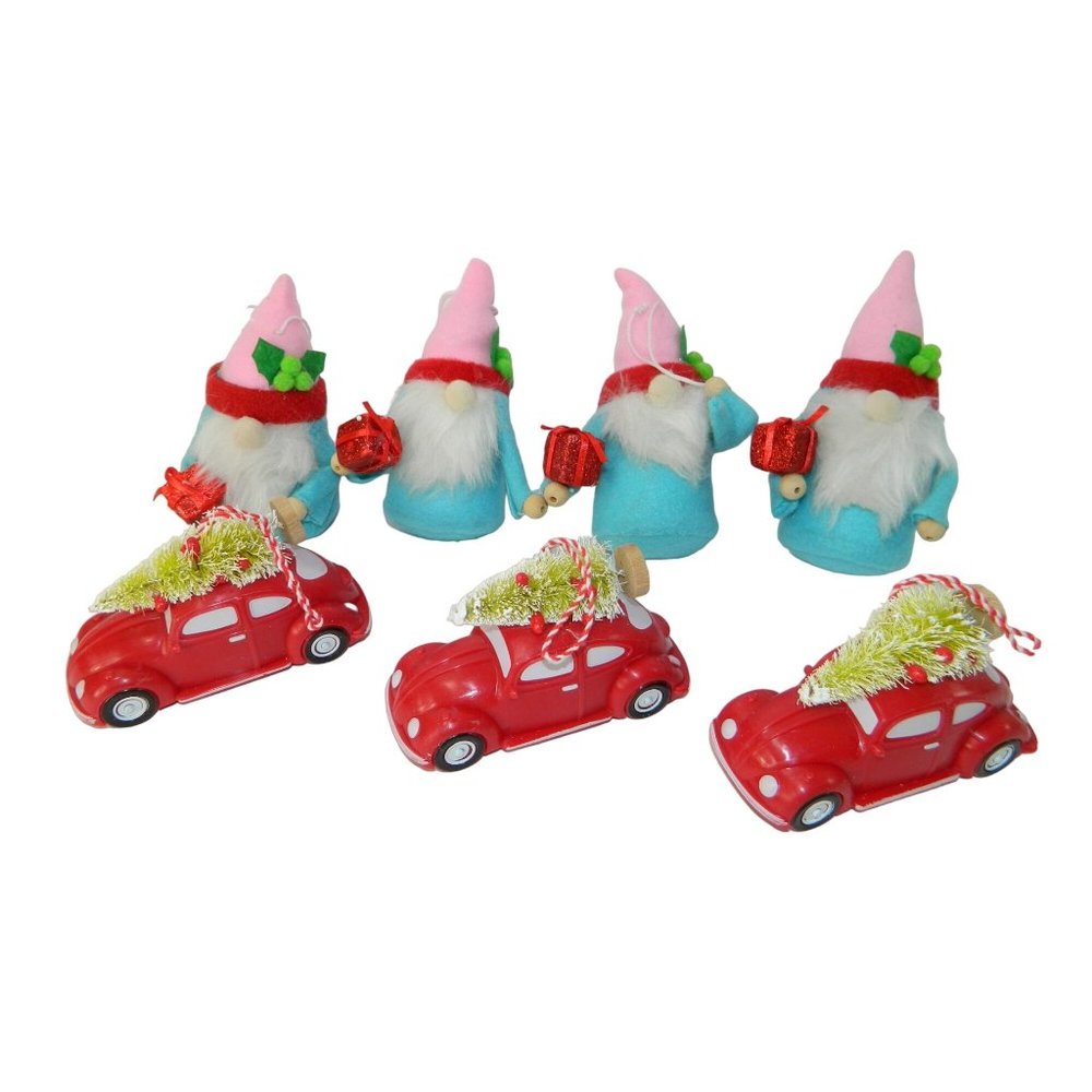 Christmas Blue Pink Red Gnome Felt 4 Ornaments Holiday & 3 VW Big W Tree On Top